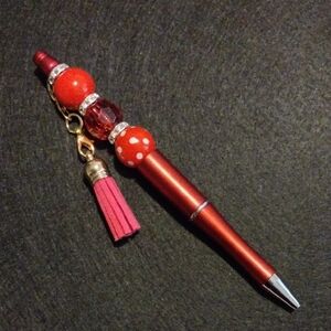 Handcrafted Red and Pink Beaded Pen with Tassel